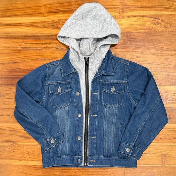 Kids Grandwish Hooded Mixed Fabric Jean Jacket Size 8 - Picture 1 of 6